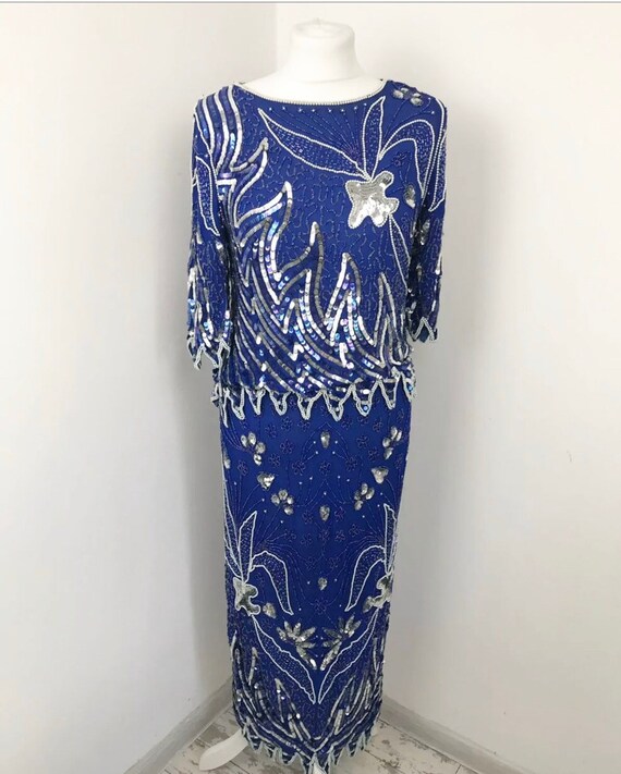 Vintage Cobalt Blue Sequin 20s Style Silk Skirt Se