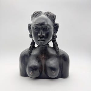 African ebony woman bust, wooden woman statue, African sculpture