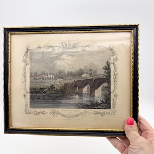 Framed antique engraving Teston Bridge, antique landscape print