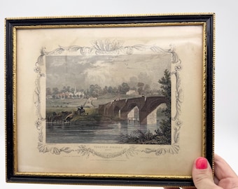 Framed antique engraving Teston Bridge, antique landscape print