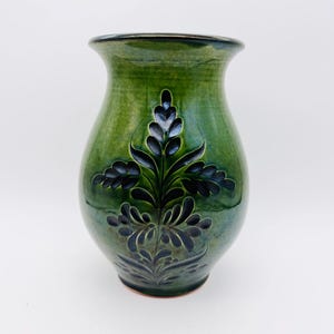 Vintage Hungarian green vase, green folk pottery vase