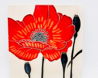 Decorative floral tile, poppy tile, wall decor