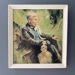 Vintage 1930s small portrait of a man with dog signed oil on board