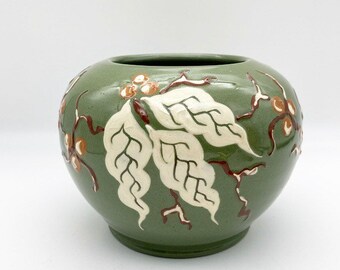 Vintage Royal Barum Ware grön växtkruka, keramisk bladmönstrad inomhusplanter
