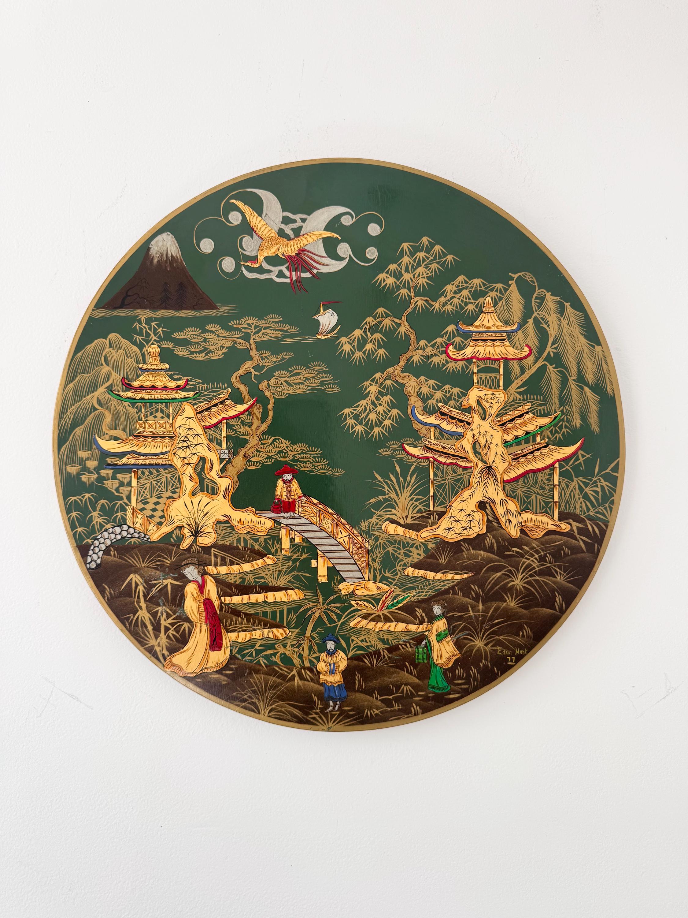 ヴィンテージの手描きの漆塗りの緑の中国風パネル - Etsy 日本
