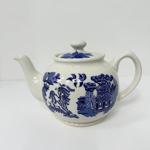 Teiera Sadler vintage per una persona, teiera in ceramica bianca blu, teiera con motivo a salice