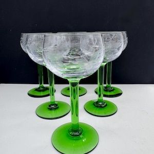 Set of 6 vintage wine glasses, French green wine glasses