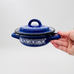 Small vintage blue enamel pot with lid
