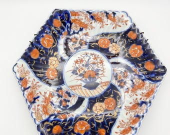 Antike japanische Meiji-Ära Imari Keramik orientalische Display Platte überbackene Hexagon signiert