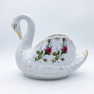 Vintage floral 24ct gold painted swan planter, porcelain table centrepiece