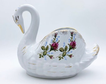 Vintage floral 24ct gold painted swan planter, porcelain table centrepiece