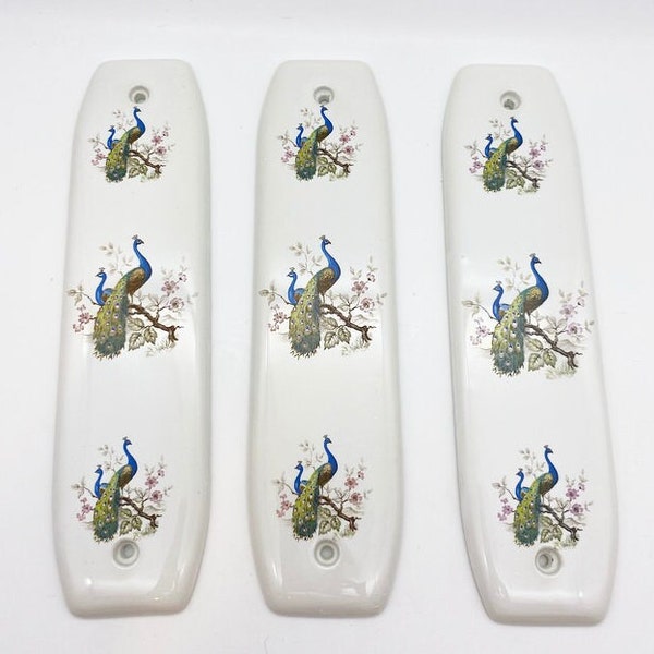 3 x vintage ceramic peacock door finger plates