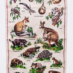 Australian fauna tea towel, Australian animals kitchen towel