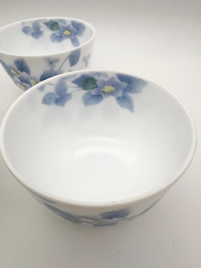 K&ouml;nnte beinhalten: Zwei wei&szlig;e Keramikschalen mit floralem Design. Die Schalen haben ein zartes Muster aus blauen Blumen und Bl&auml;ttern am Rand. Die Blumen haben gelbe Zentren. Die Schalen sind leer und scheinen neu zu sein.