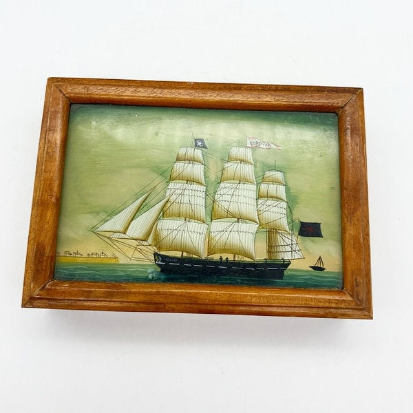 Vintage small wooden box with clipper ship on lid, jewellery box,