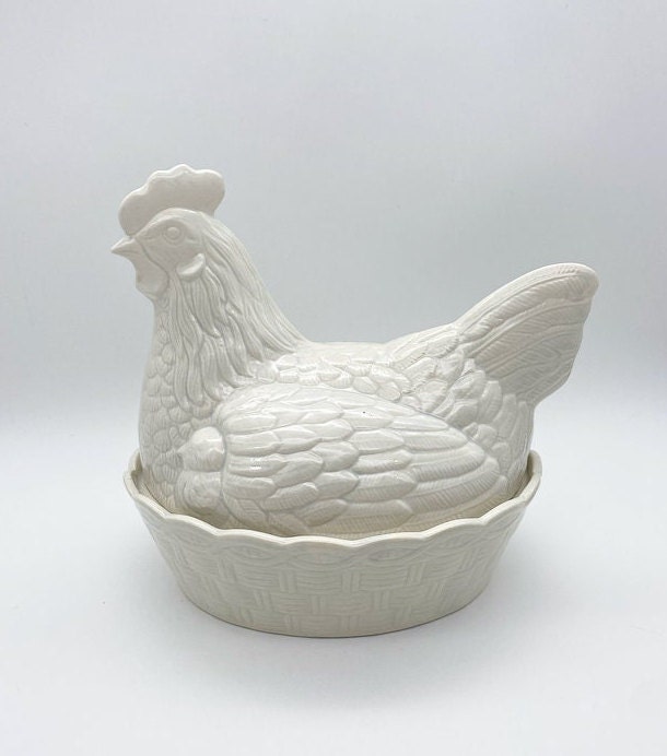Portauova A Forma Gallina | Cestino Decorativo In Ceramica E Metallo