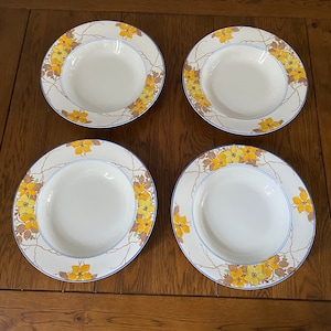 Set of 4 vintage soup plates bowls large Hanley Falcon yellow blue floral