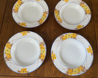 Set of 4 vintage soup plates bowls large Hanley Falcon yellow blue floral