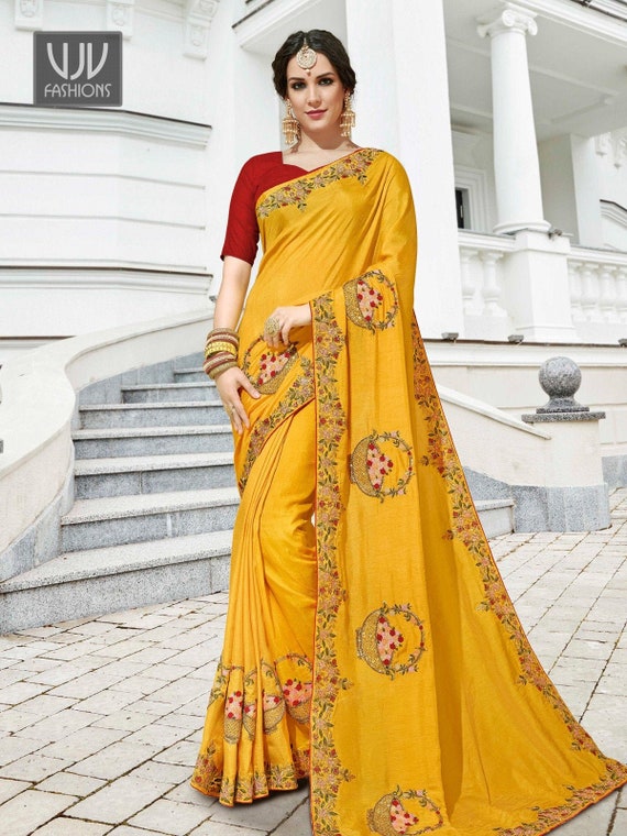 yellow party wear saree