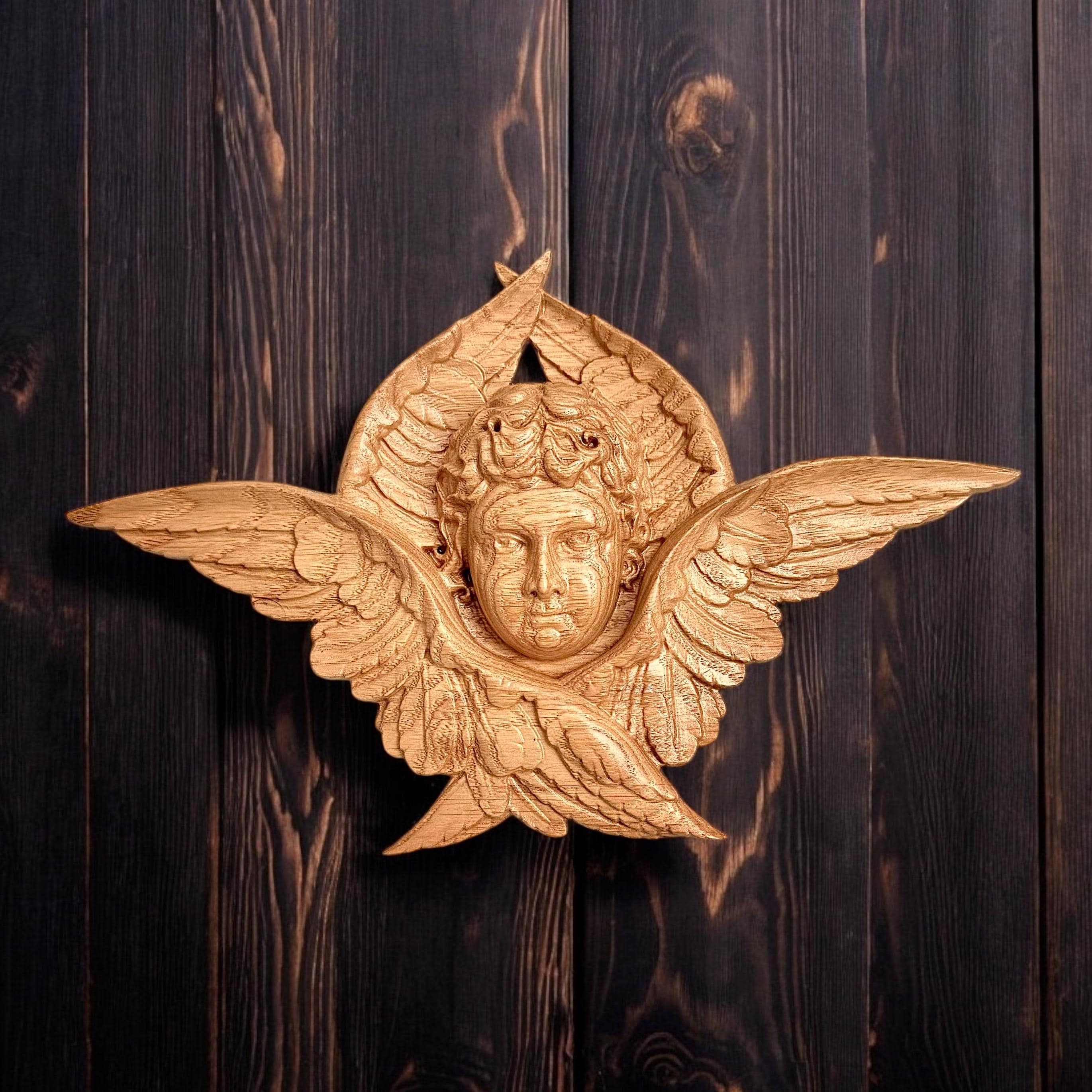 木製エンジェル Carved Oak Angel, Winged Cherub Wall Decor - Etsy
