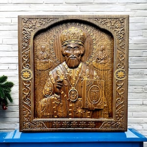 Sinterklaas de wonderdoener Gesneden houten plaquette