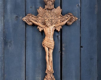 Carved Wooden Crucifix, Catholic Crucifix, Jesus Christ, wooden cross, Choose Size 10X5.7 up to 26X14.8 inches, Free Shipping
