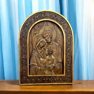 彫刻された木製の聖家族の飾り板、イエス・マリアとヨセフ、木製のアイコン、サイズは8X6から26X19.5インチまで選択可能、送料無料