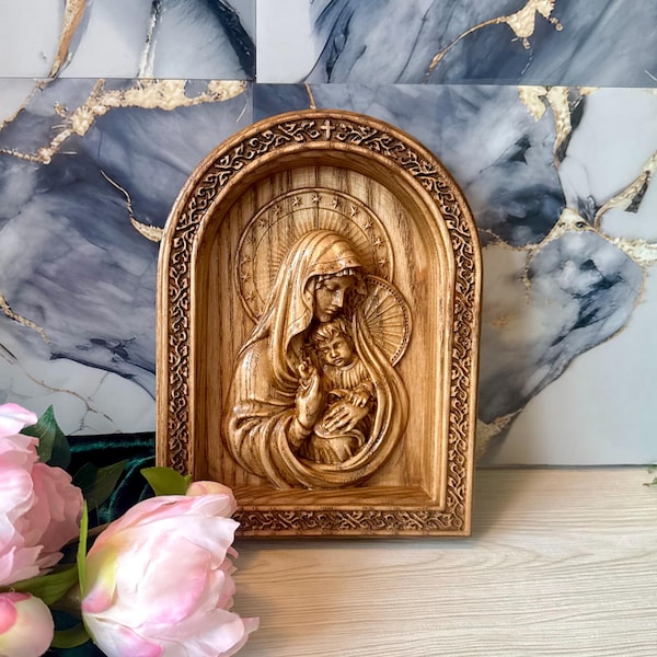 Carved Wooden Icon of the Virgin Mary and Child, Antique Style Religious Wall Art, Christian Gift, Rustic Home Decor
