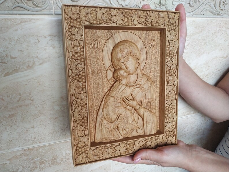 Virgin Mary icon Wood Carved religious icon Our Lady icon image 0