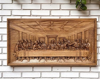 The Last Supper Wood Carving Panel, Carved Wooden Wall Art, Christian Religious Decor