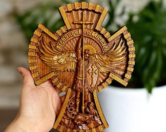 Wooden Archangel Michael Cross, Religious Wall Decor