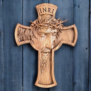 Carved Wooden Cross with the face of Jesus Christ, Catholic cross