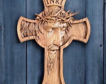 Carved Wooden Cross with the face of Jesus Christ, Catholic cross