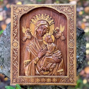 Carved Our Lady of Perpetual Help wooden icon