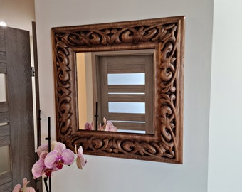 Square mirror in a wooden carved frame, mirror wall decor