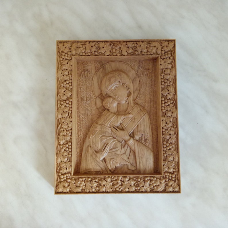 Virgin Mary icon Wood Carved religious icon Our Lady icon image 1