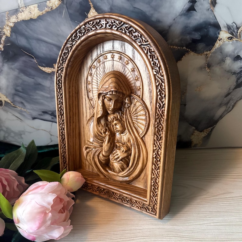 Carved Wooden Icon of the Virgin Mary and Child, Antique Style ...