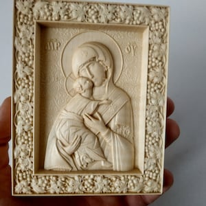 Little Virgin Mary icon Our Lady Virgin Mary and Jesus Wood Carved religious icon Gift for mom desktop icon