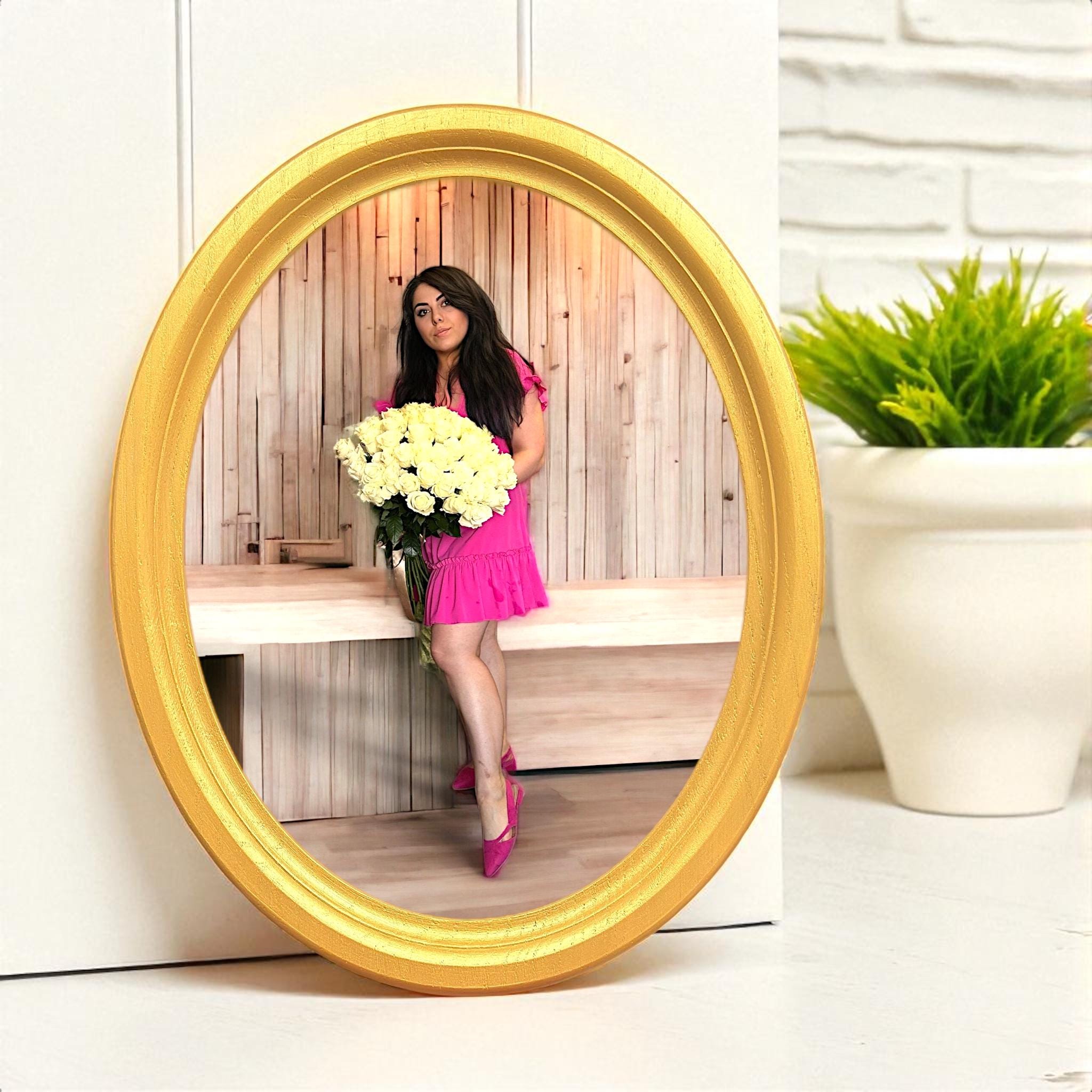 Golden Oval Ash Wood Photo Frame, Acrylic Glass (3.5x5 to 12x16