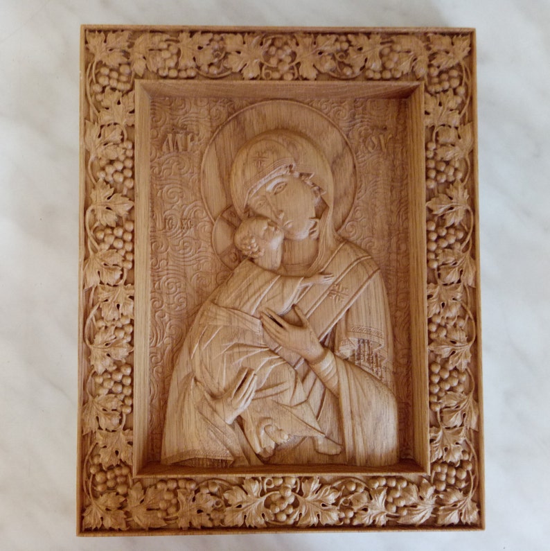 Virgin Mary icon Wood Carved religious icon Our Lady icon image 3