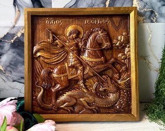 Houtsnijwerk icoon van Sint Joris de Overwinnaar, handgemaakt houten reliëf, wanddecoratie, christelijk religieus cadeau