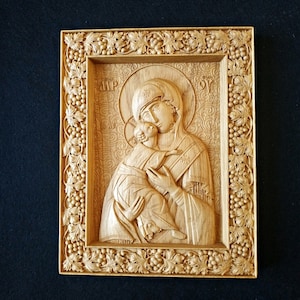 Virgin Mary icon, Wood Carved religious icon, Our Lady icon, religious wall Virgin Mary and Jesus,  Christian Virgin Mary, Religious gift