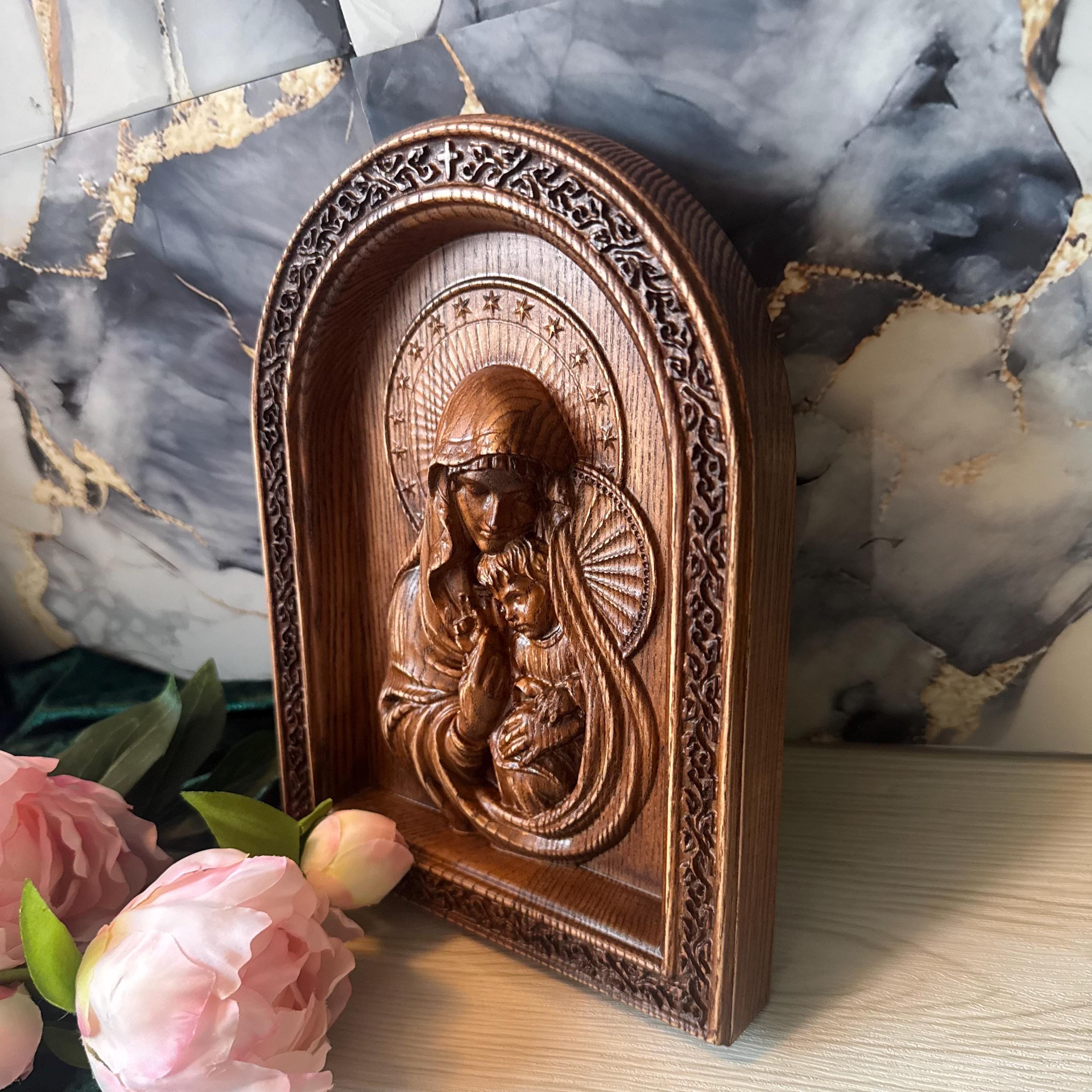 Carved Wooden Icon of the Virgin Mary and Child, Antique Style ...