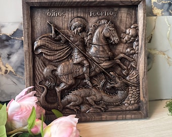 Icona in legno intagliata a mano, San Giorgio e il drago, arte murale cristiana