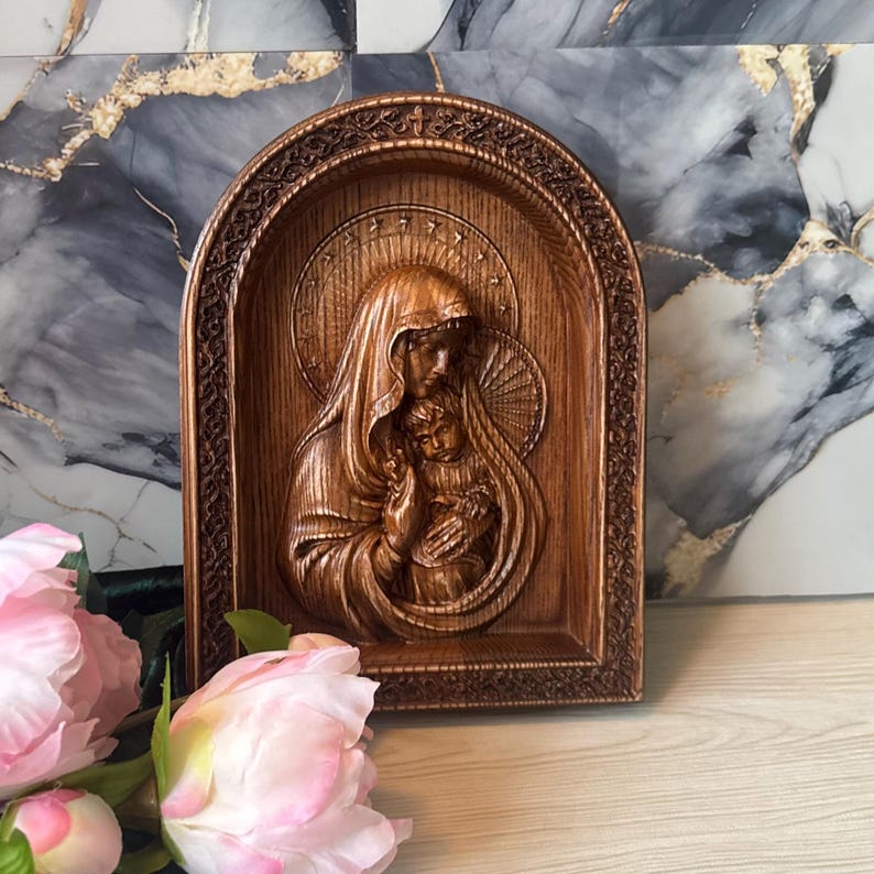 Carved Wooden Icon of the Virgin Mary and Child, Antique Style ...