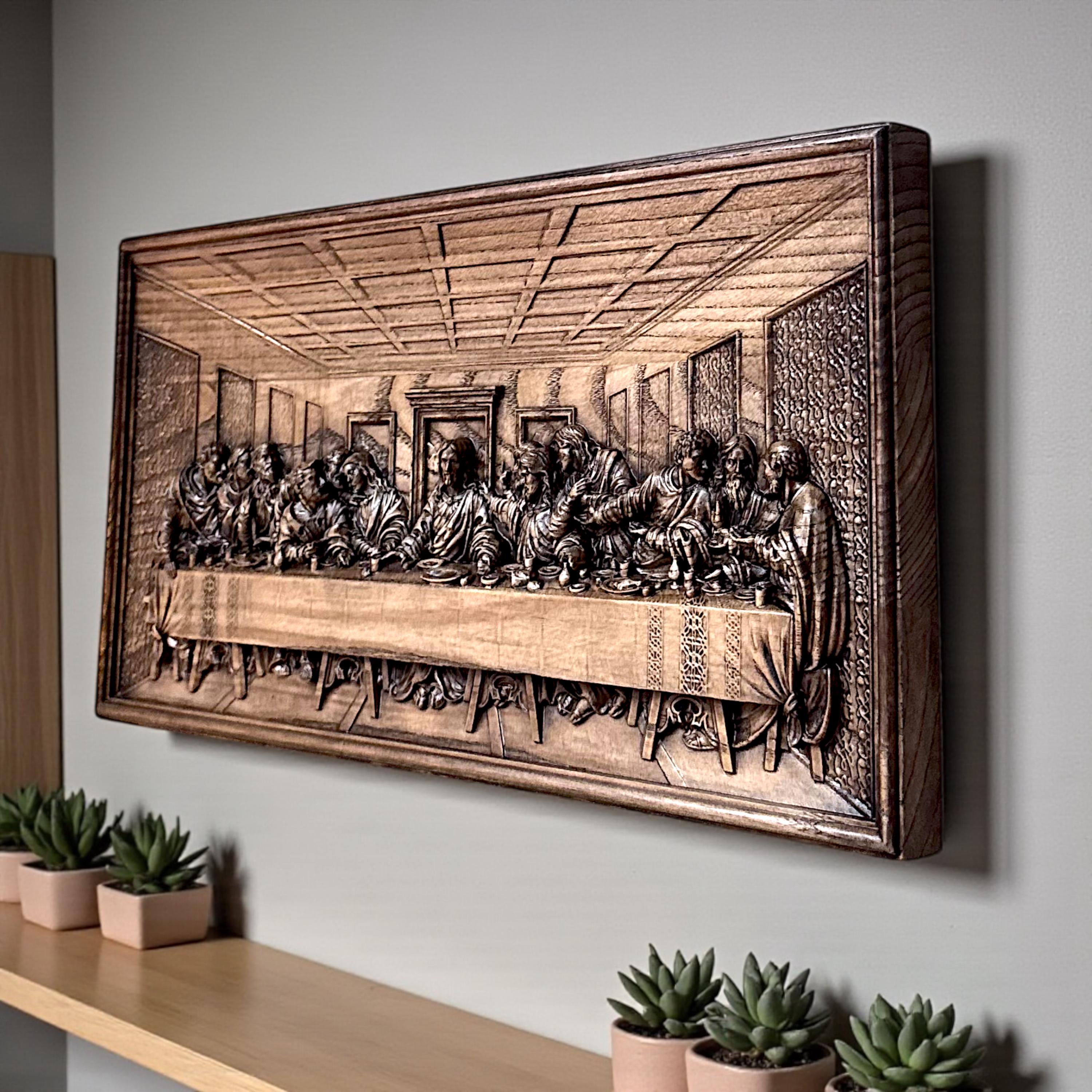 The Last Supper Wood Carving Panel, Carved Wooden Wall Art