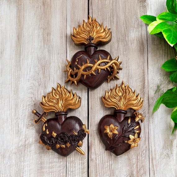 Wooden Three Sacred Hearts of the Holy Family Wall Hanging Art