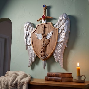 Puede incluir: Un escudo de madera montado en la pared con un relieve central de un ángel con alas, sosteniendo una cruz y un escudo más pequeño con la inscripción "QUIS UT DEUS". Una gran espada con una gema azul y roja se sitúa detrás del escudo, flanqueada por dos grandes alas pintadas de color plata.
