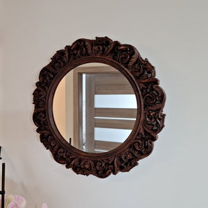 Ronde spiegel, Ronde spiegel met gesneden houten frame, Afmeting 8x8, 9x9, 10x10, 11x11, 12x12, 13x13, 14x14 inch