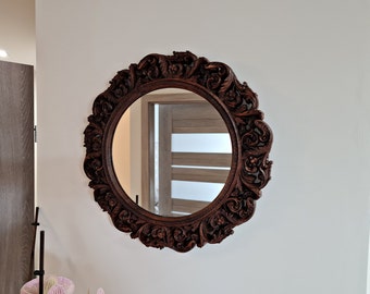 Round mirror, Circular mirror with carved wooden frame, Size 8x8, 9x9, 10x10, 11x11, 12x12, 13x13, 14x14 inches